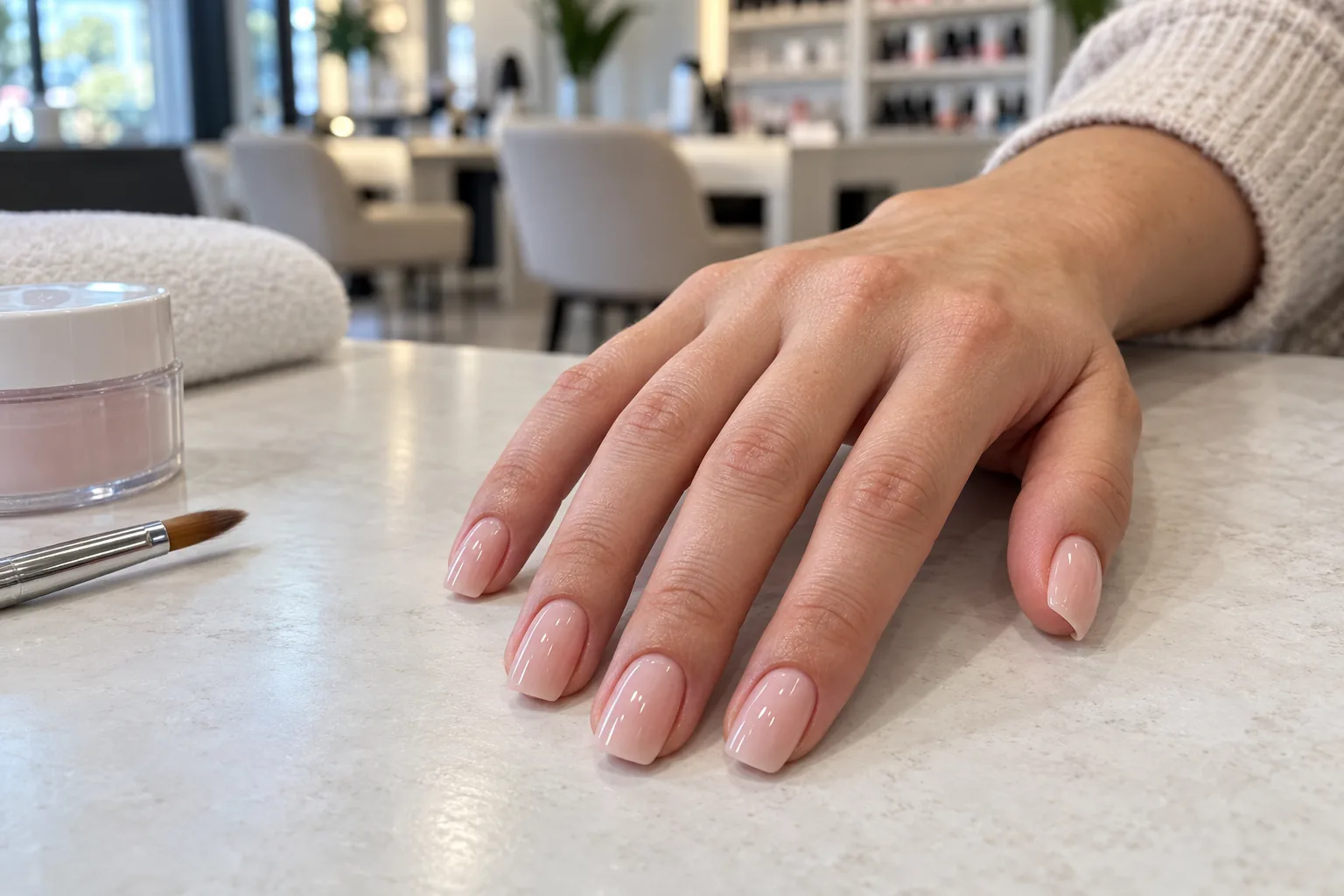 A client's hand showing a neat short-to-medium nude-pink acrylic manicure at a modern salon