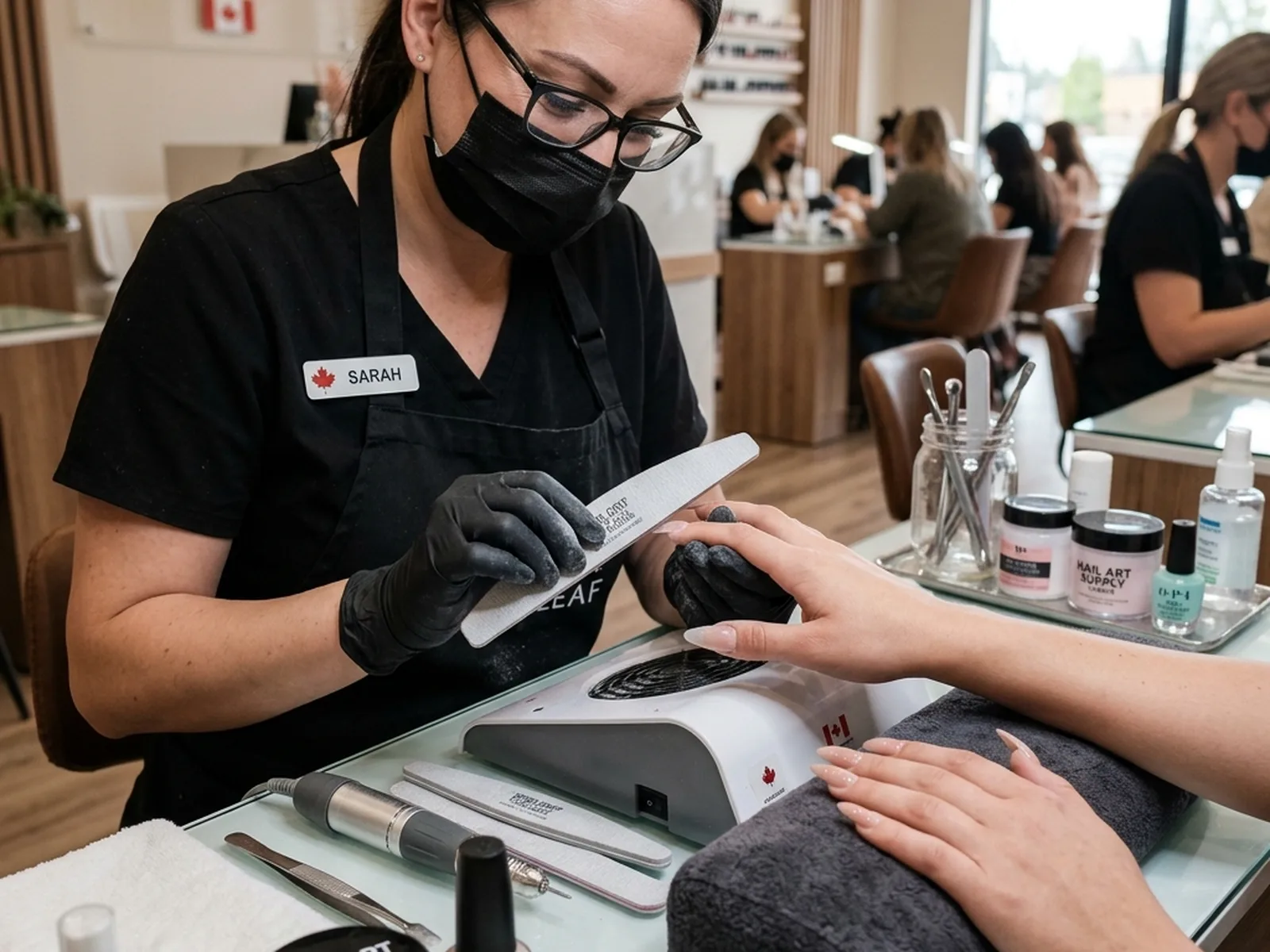 Acrylic nail shaping at a Canadian nail salon