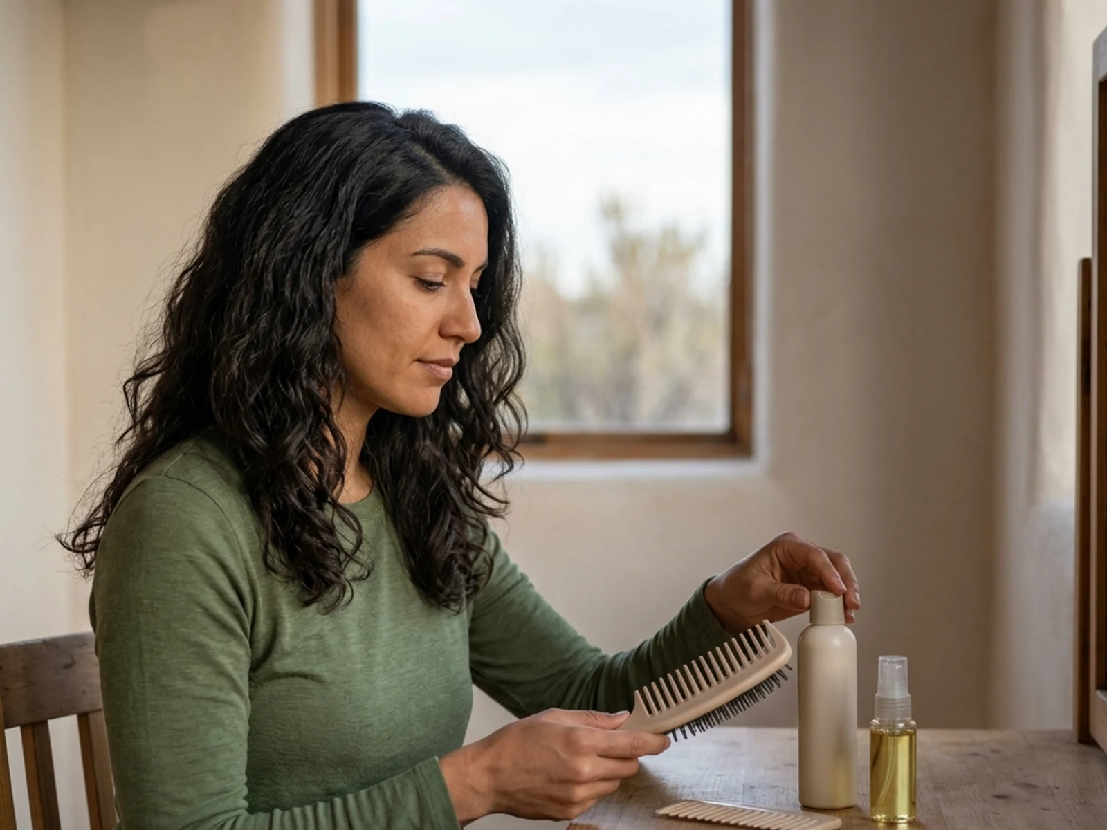 Voyageur choisissant des outils pour les cheveux et des produits de conditionnement sans marque pour un voyage en Alberta