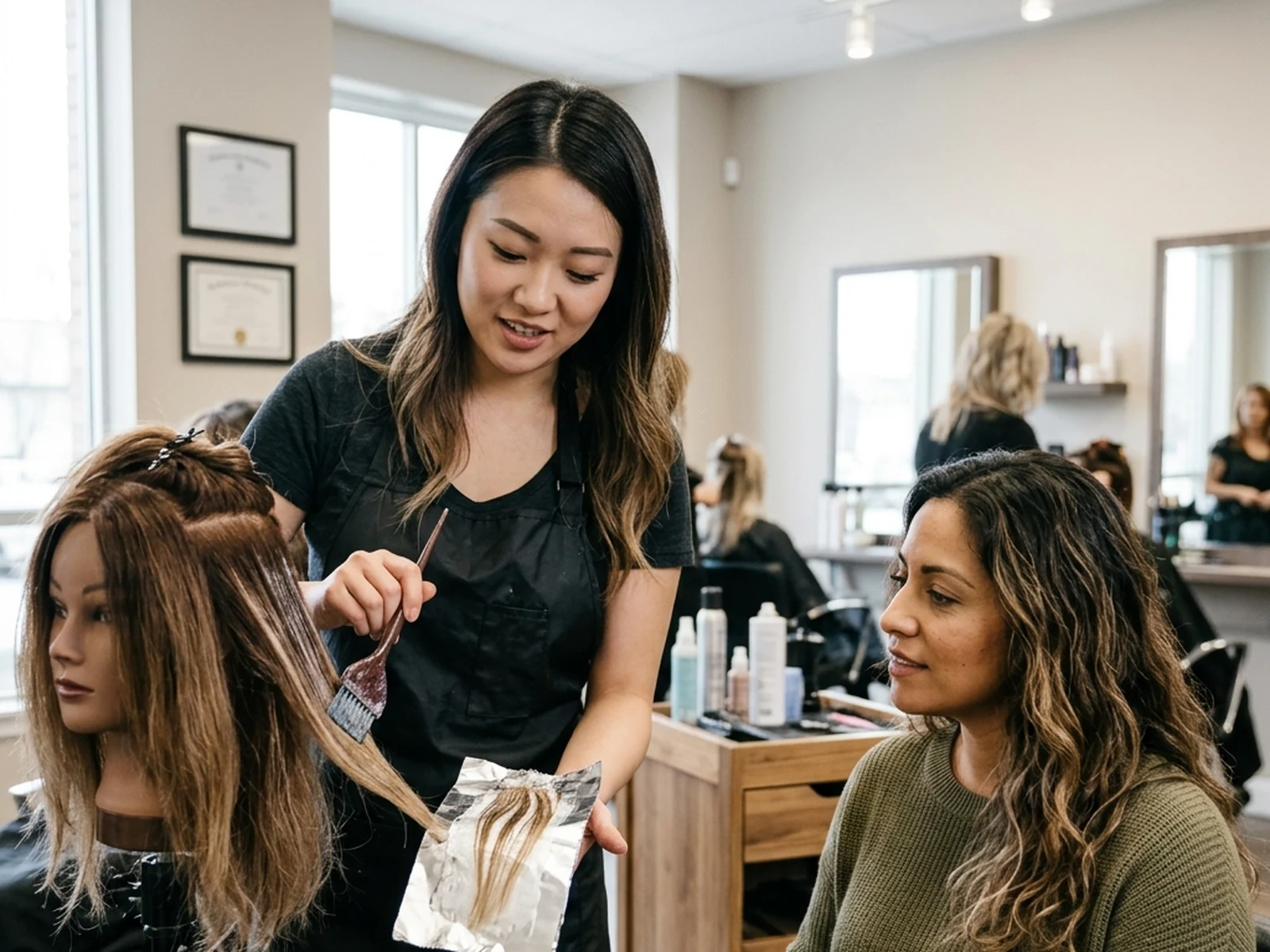 Colourist comparing balayage painting with foil highlights