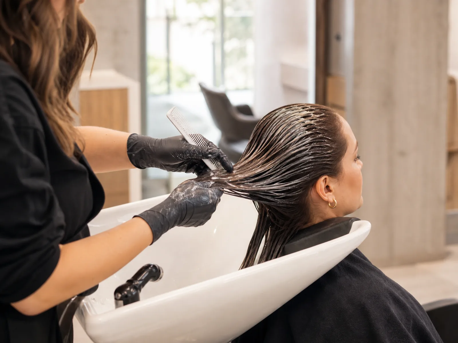 Colourist gently combing a diluted lightening treatment through wet hair at a salon wash station