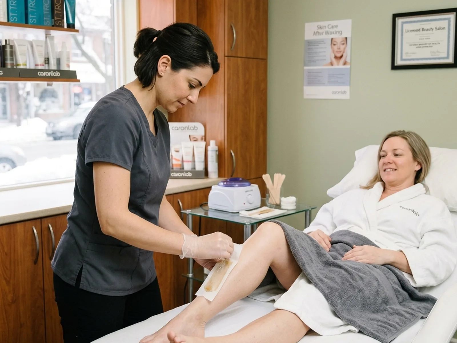 Professional body waxing leg service at a Canadian salon