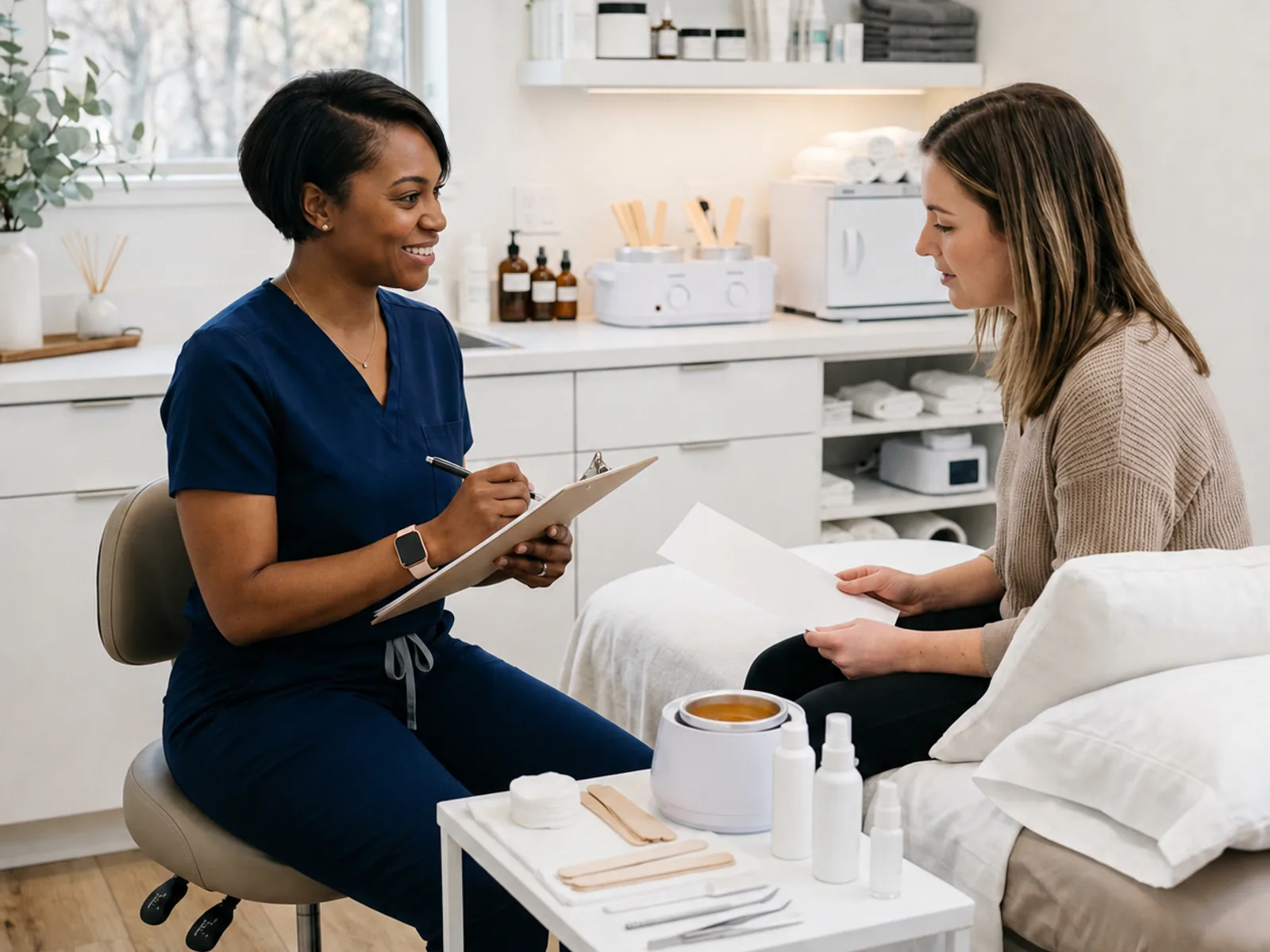 Une esthéticienne professionnelle dans une salle de soins de salon propre préparant le matériel d'épilation pour un client.