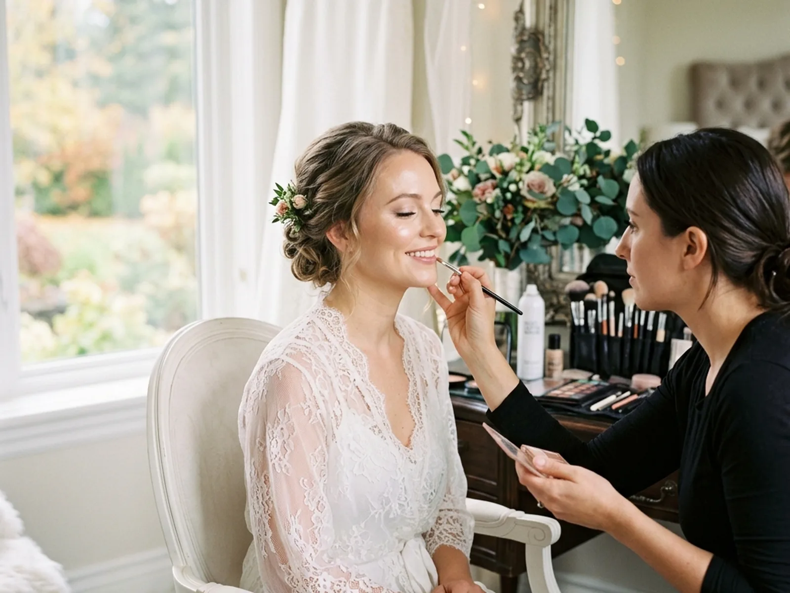 Bridal makeup getting-ready moment at a Canadian salon