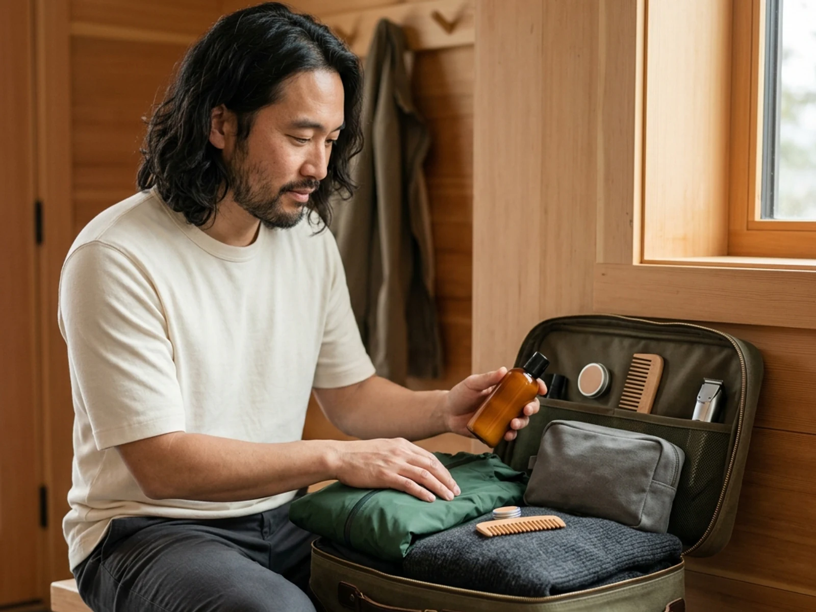 Traveller packing beauty essentials with layered clothing for a British Columbia trip