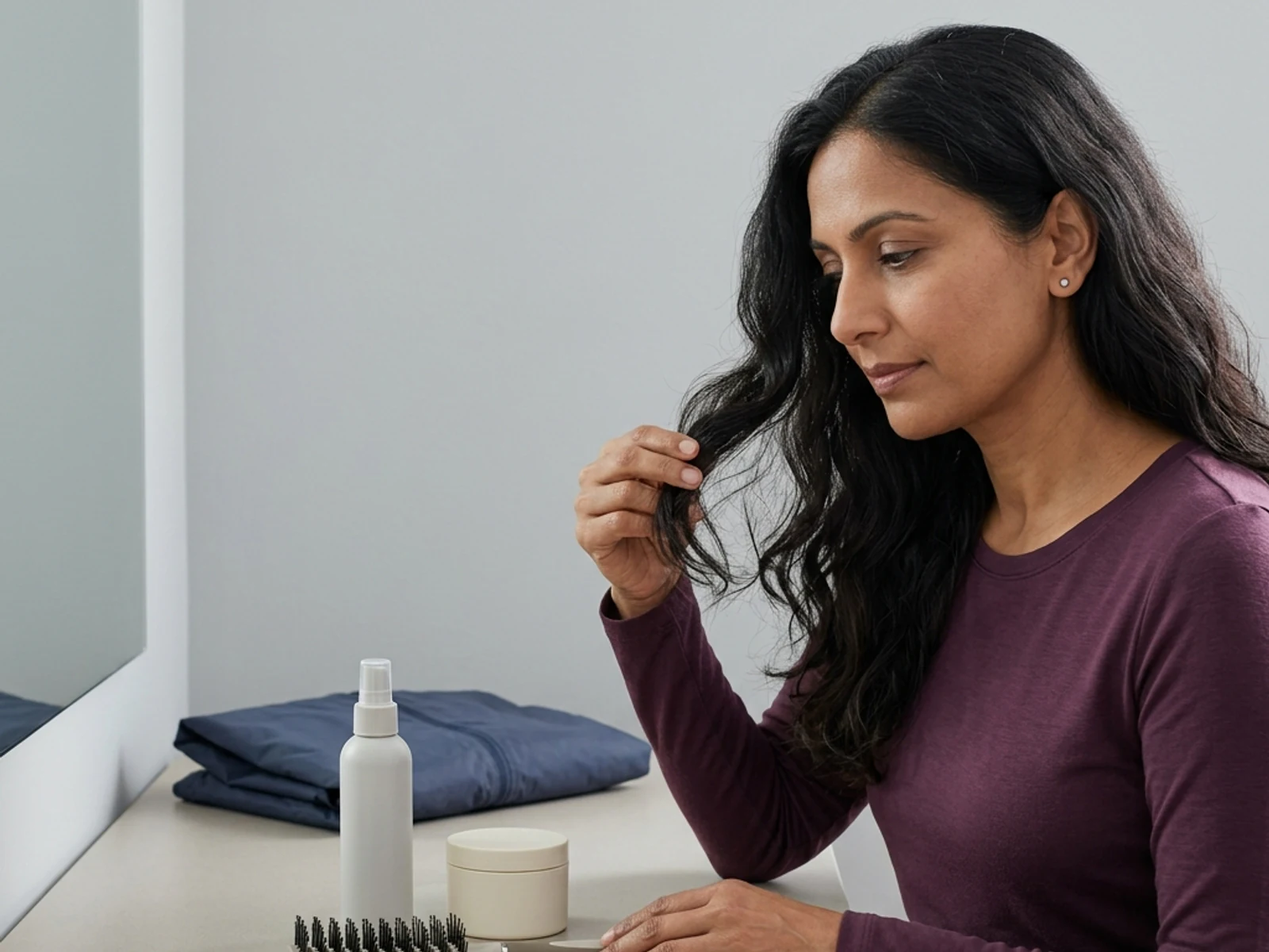Traveller choosing hair tools and unbranded products for a regional trip