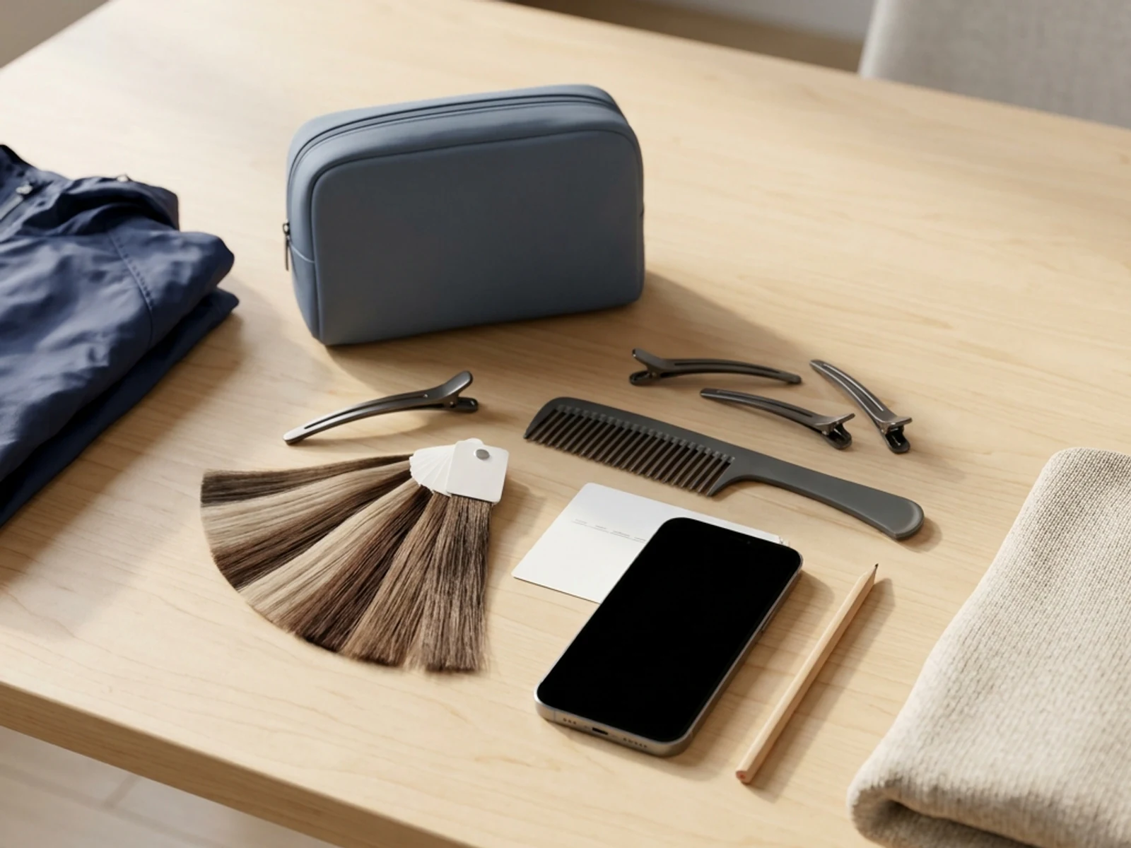 Hair swatches and salon-planning tools arranged beside a blank phone screen