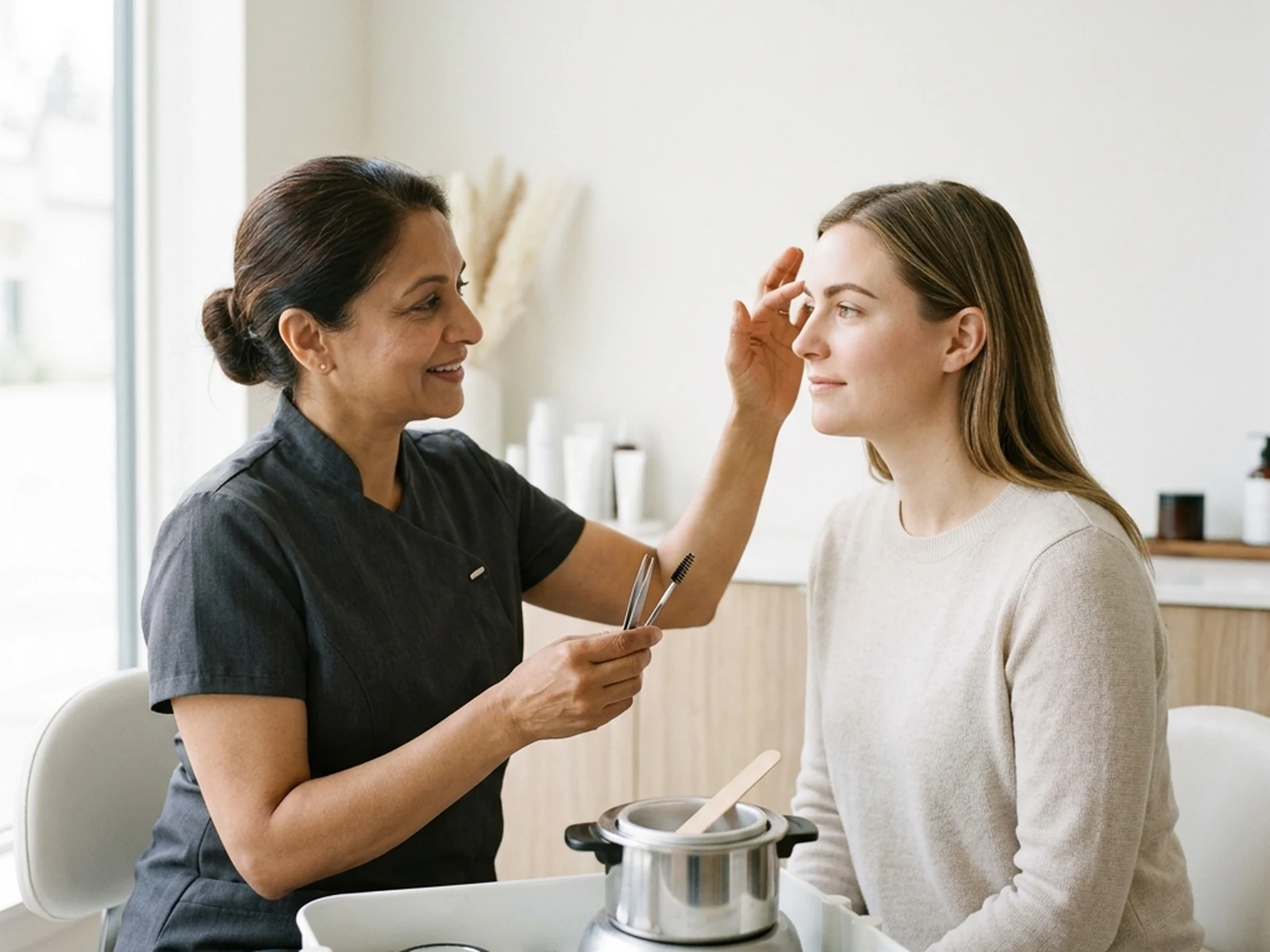 Brow specialist comparing waxing and tweezing options with a client