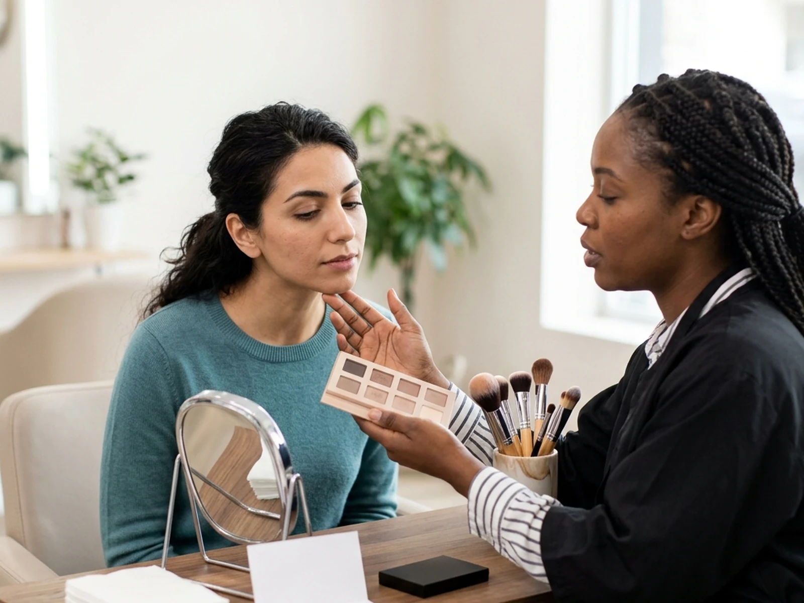 Makeup artist planning a polished event look with a client