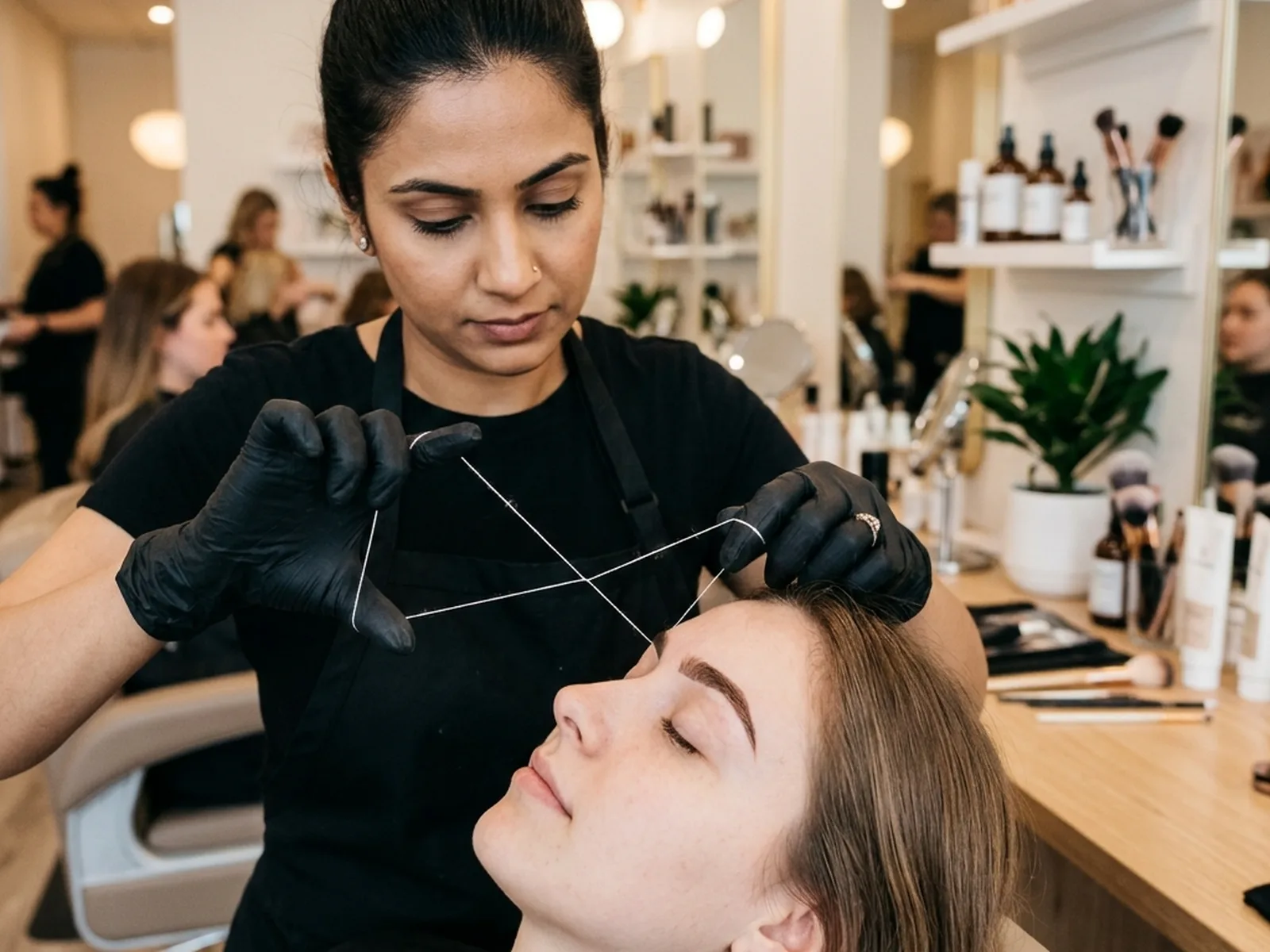 Professional eyebrow threading service at a Canadian beauty salon