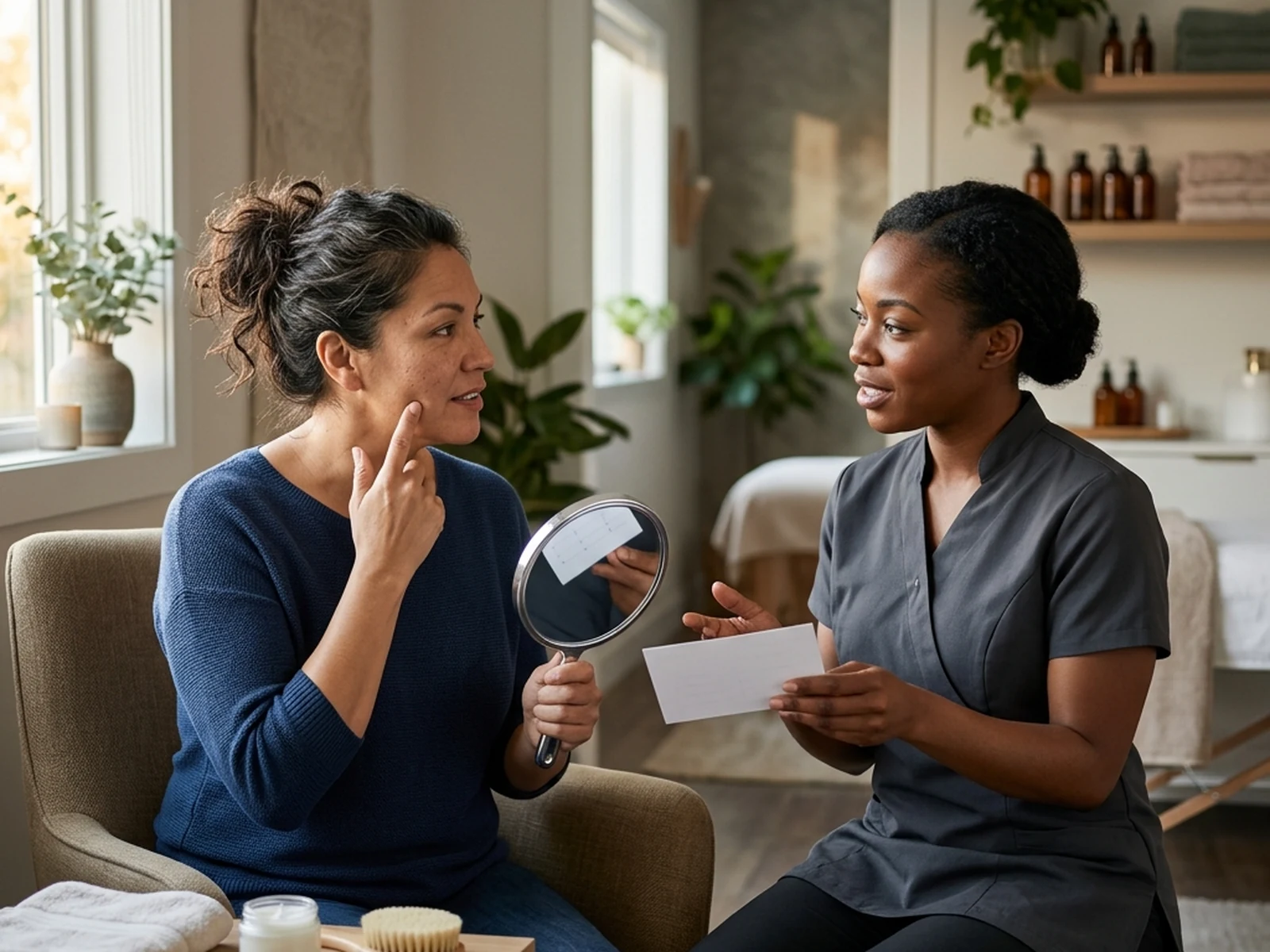 Esthetician discussing a facial maintenance routine with a client