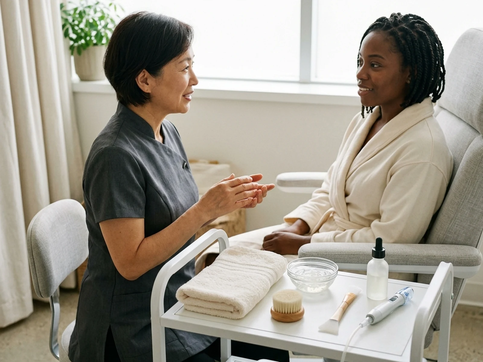 Esthetician comparing facial types and tools with a client