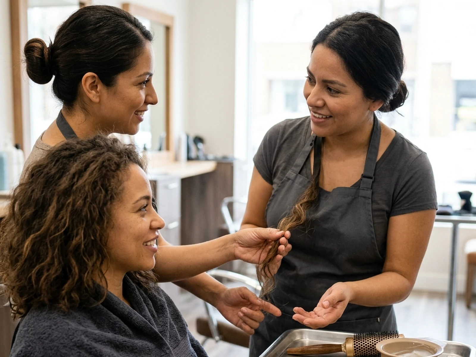 Stylist assessing frizz and discussing salon treatment options