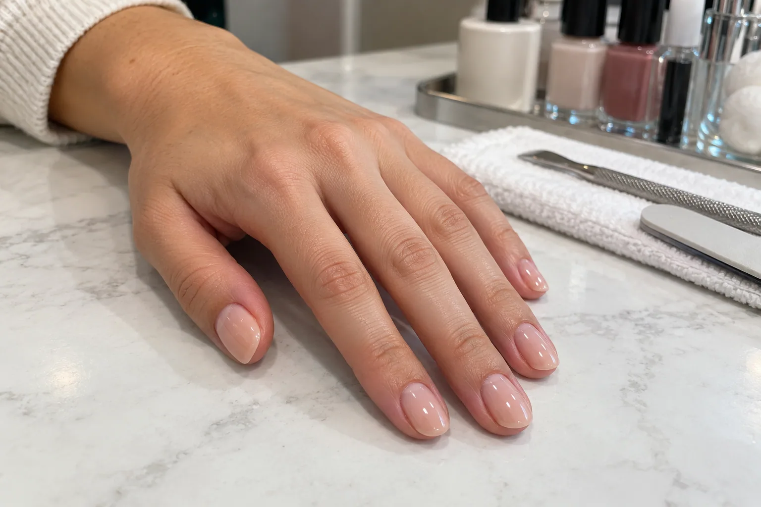 A client's hand showing a neat nude-pink gel manicure at a modern nail salon