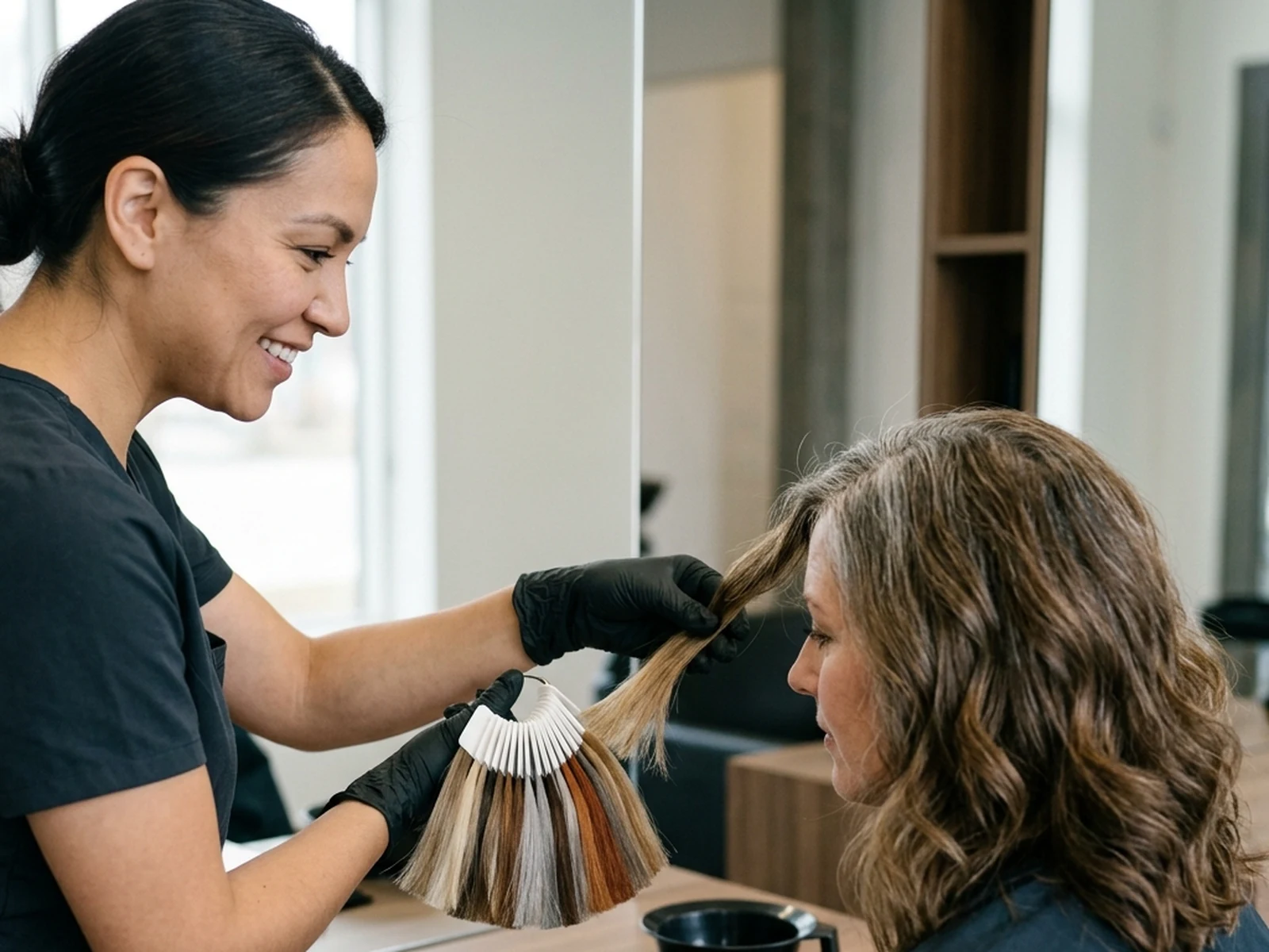 Colourist comparing balayage, highlight, and root-colour options