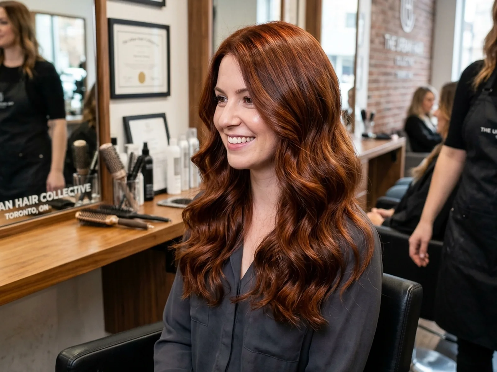 Fresh hair colour transformation result at a Canadian salon