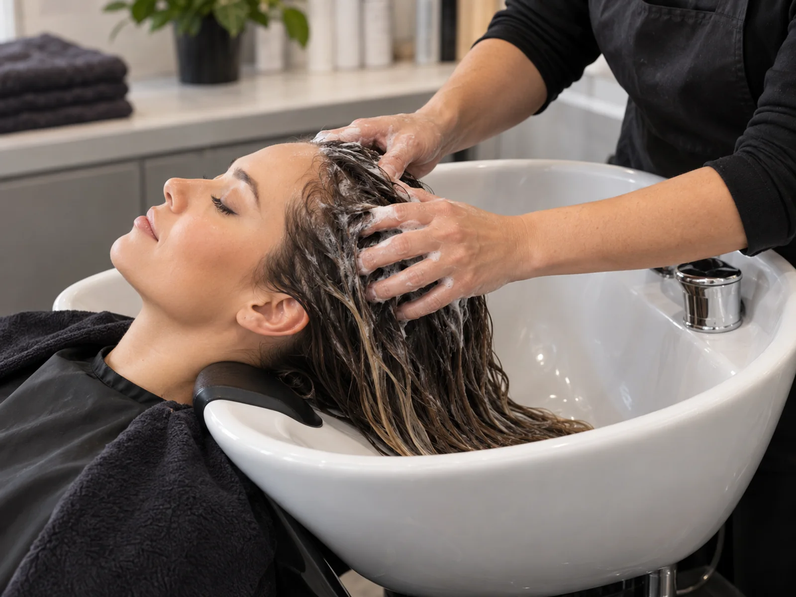 Professional salon wash-station scene showing careful cleansing of hair with extensions.