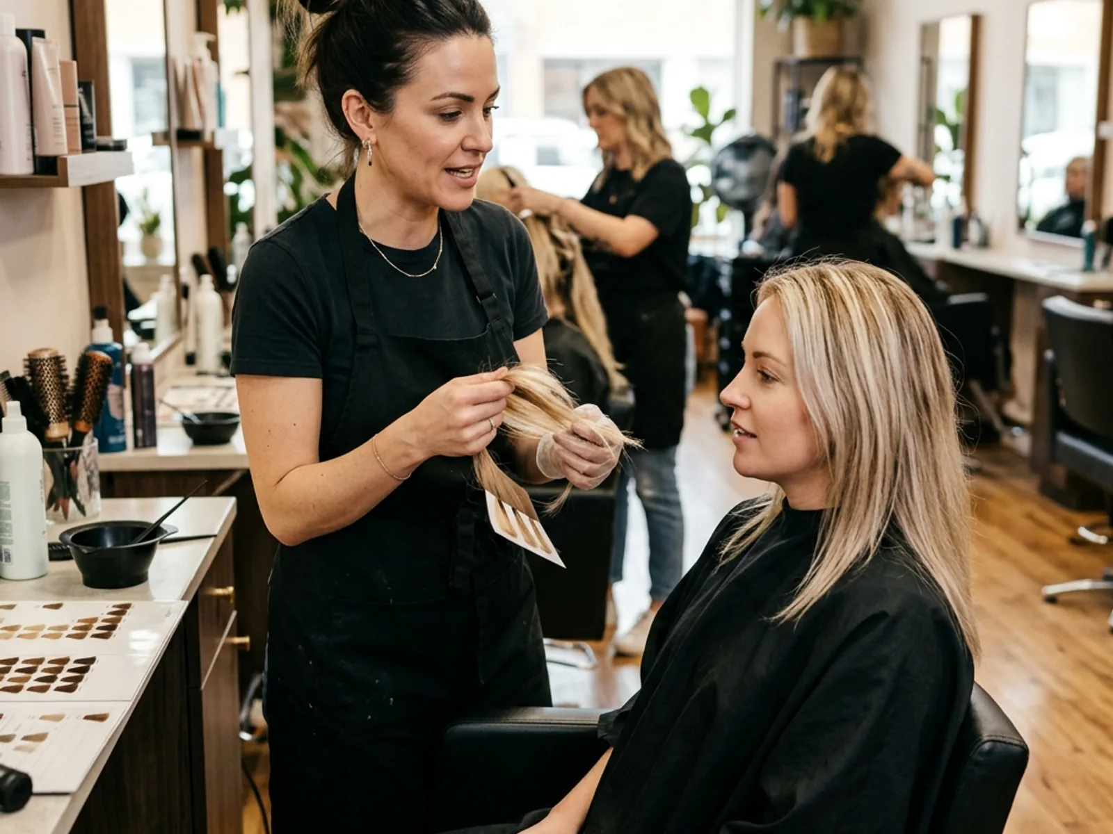 Professional hair stylist discussing toner and colour tone with a female client in a natural salon environment.