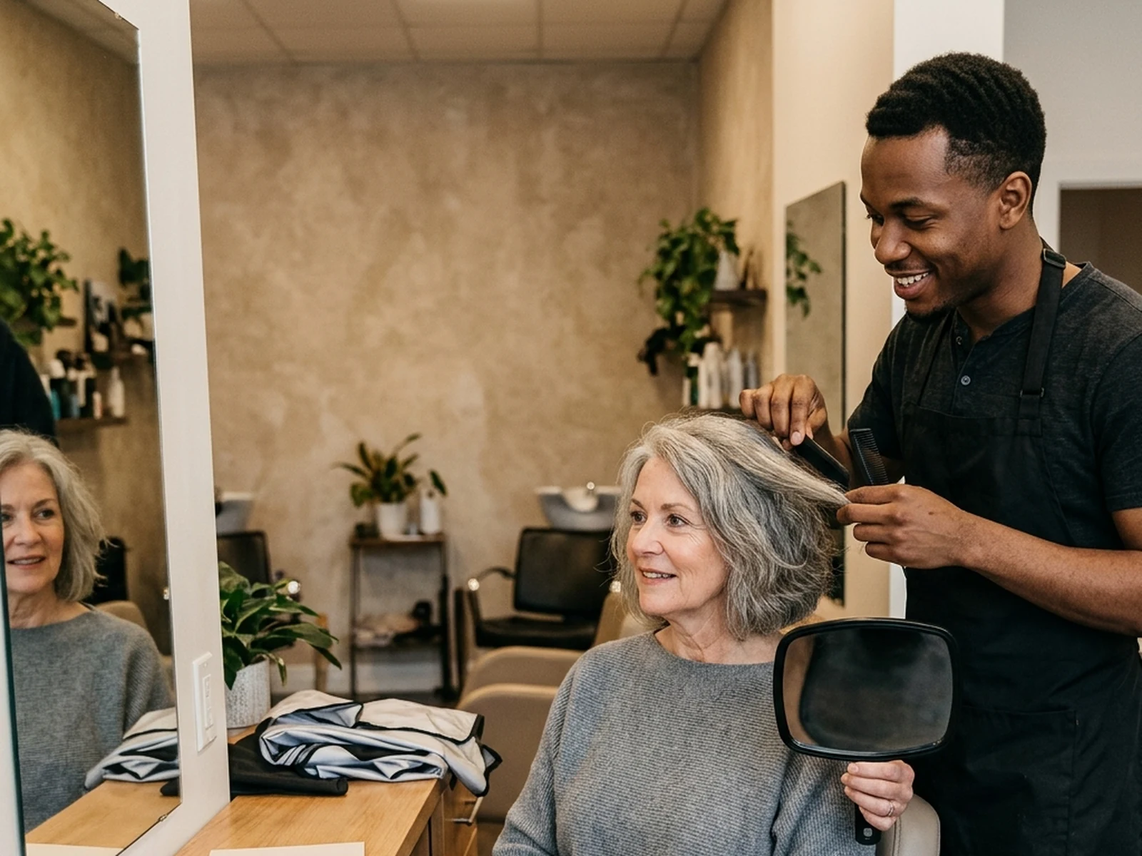 Stylist discussing haircut length and maintenance with a client