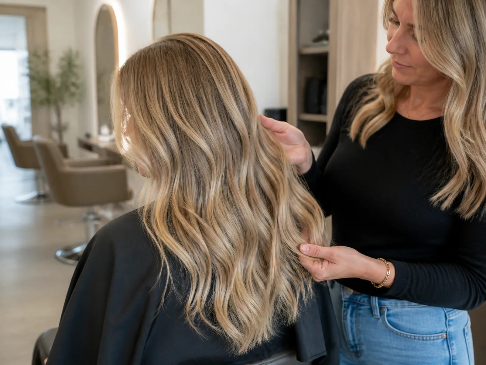 Client with a natural blonde hair colour achieved using a high-lift tint application in a salon.