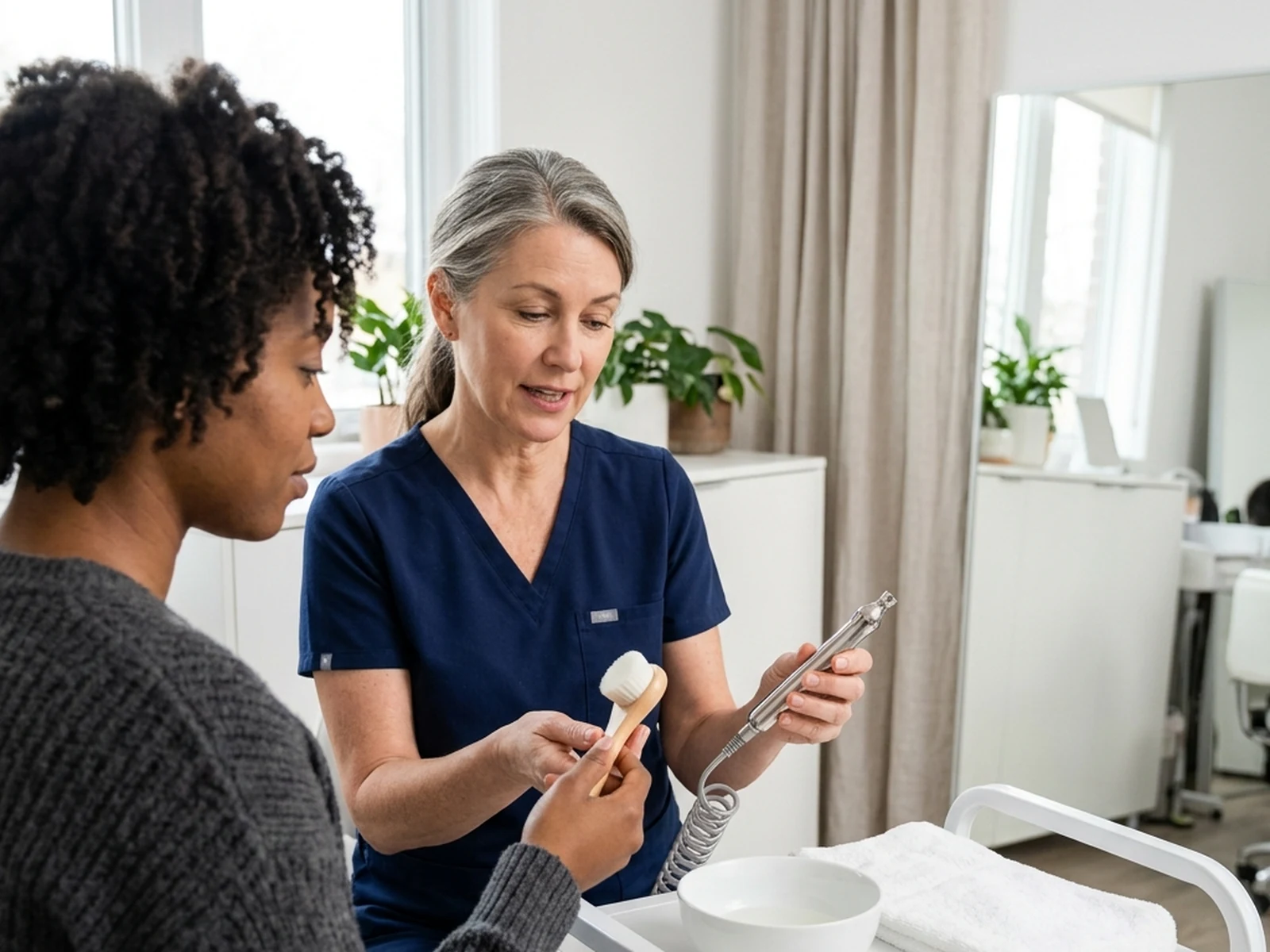Esthetician comparing a hydro-infusion tool with classic facial supplies