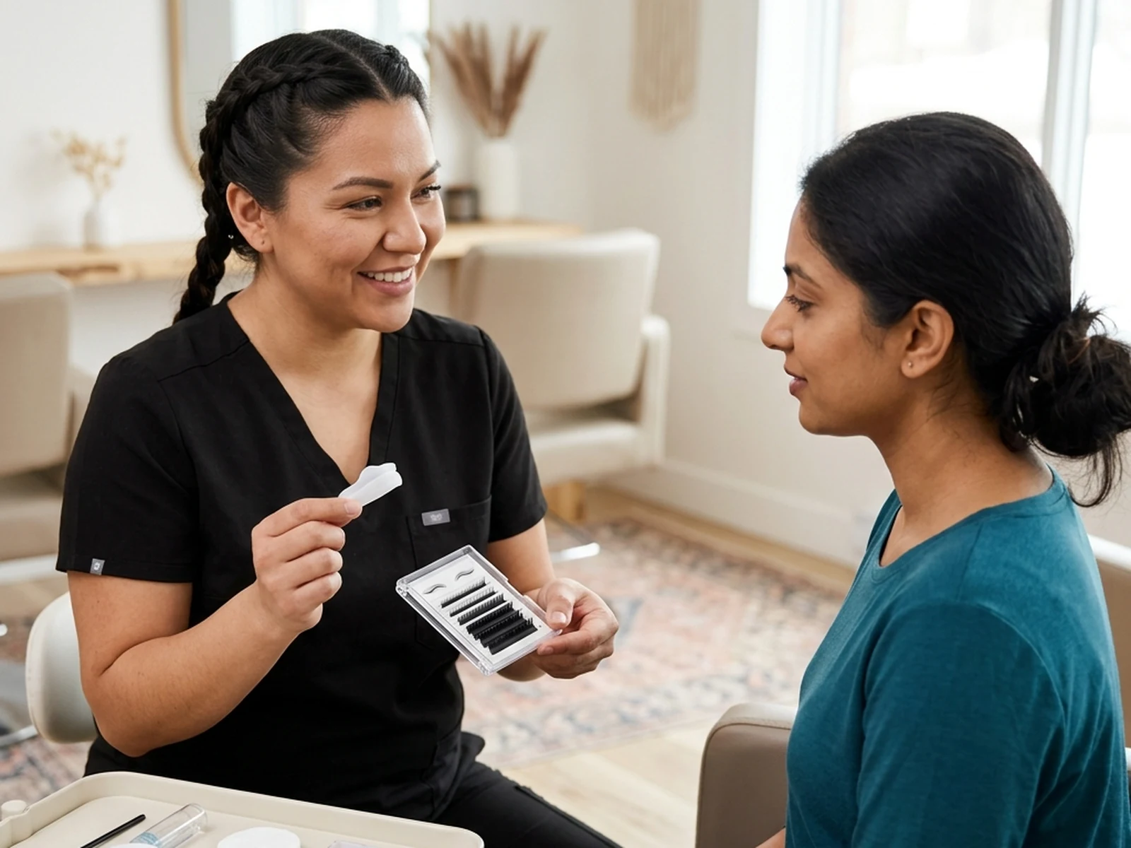 Lash artist comparing a lift shield with extension samples for a client