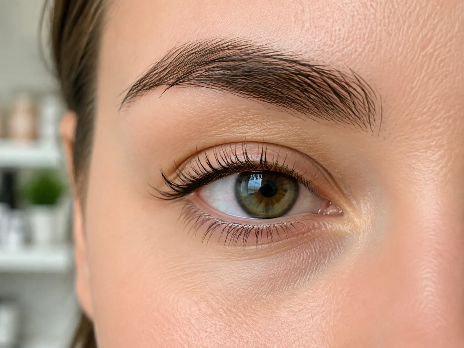 Gros plan montrant des cils naturels plus foncés et définis après une teinture professionnelle.