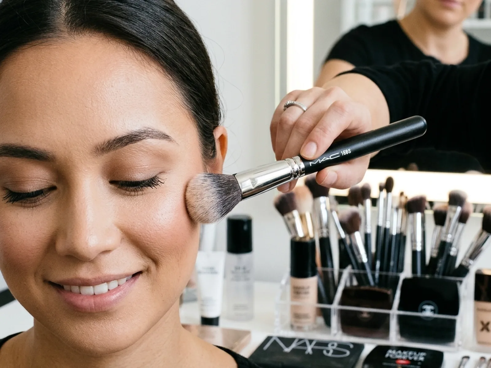 Makeup application detail at a Canadian salon