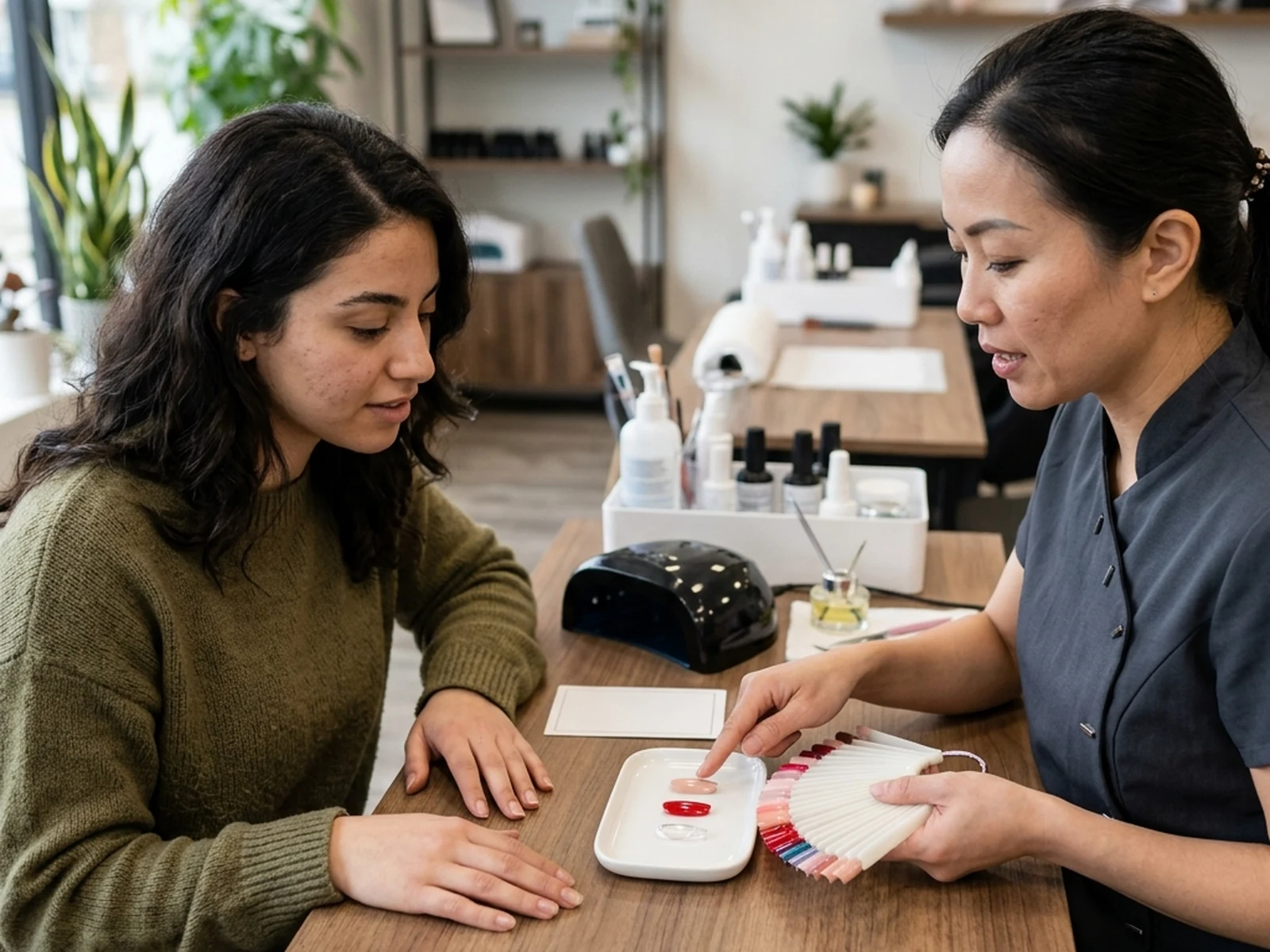 Nail technician explaining manicure options before an appointment