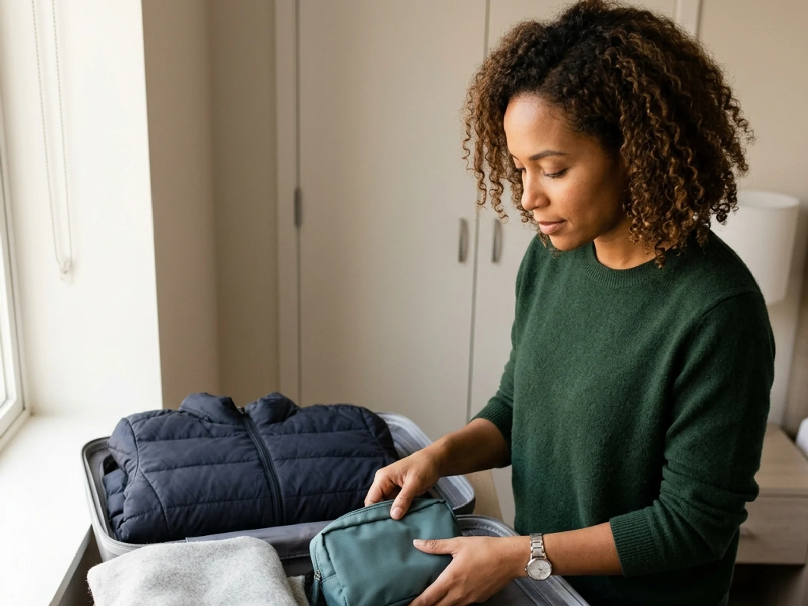 Traveller fitting a practical beauty kit into a carry-on bag for Manitoba travel