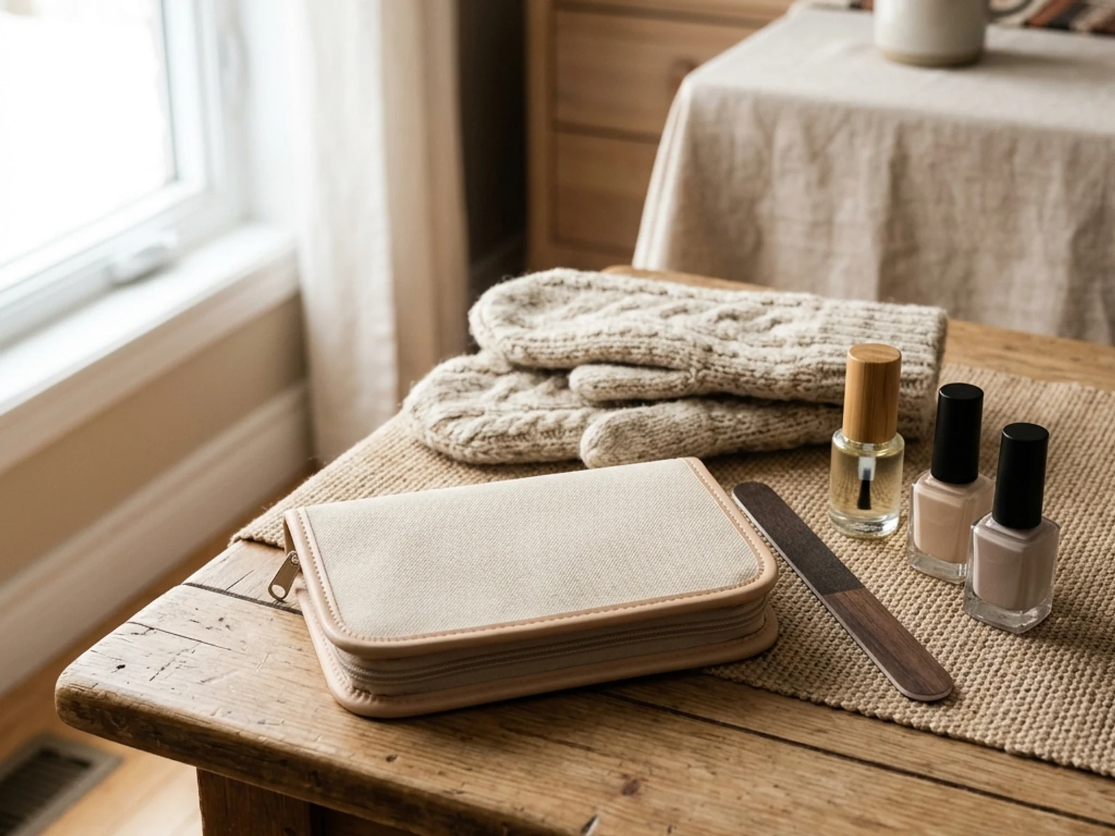 Manicure and cuticle-care tools arranged beside a compact pouch and mittens