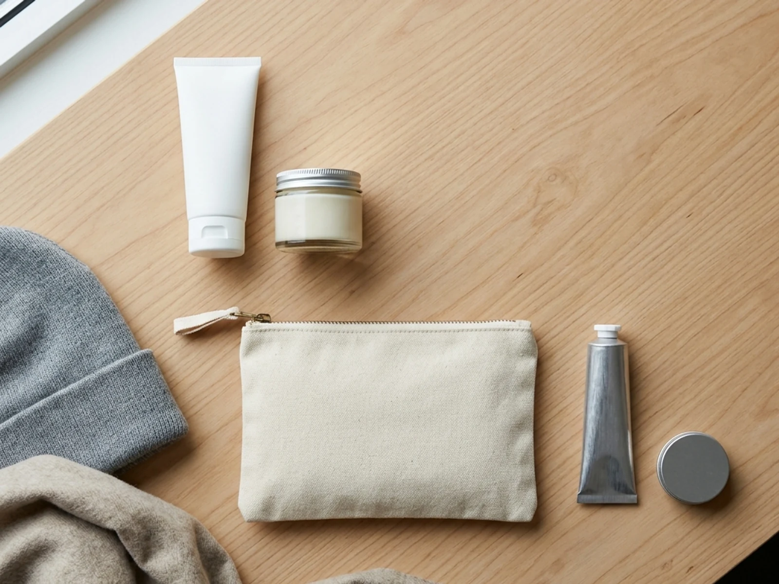 Plain skin, lip and moisturizing products grouped for Manitoba travel