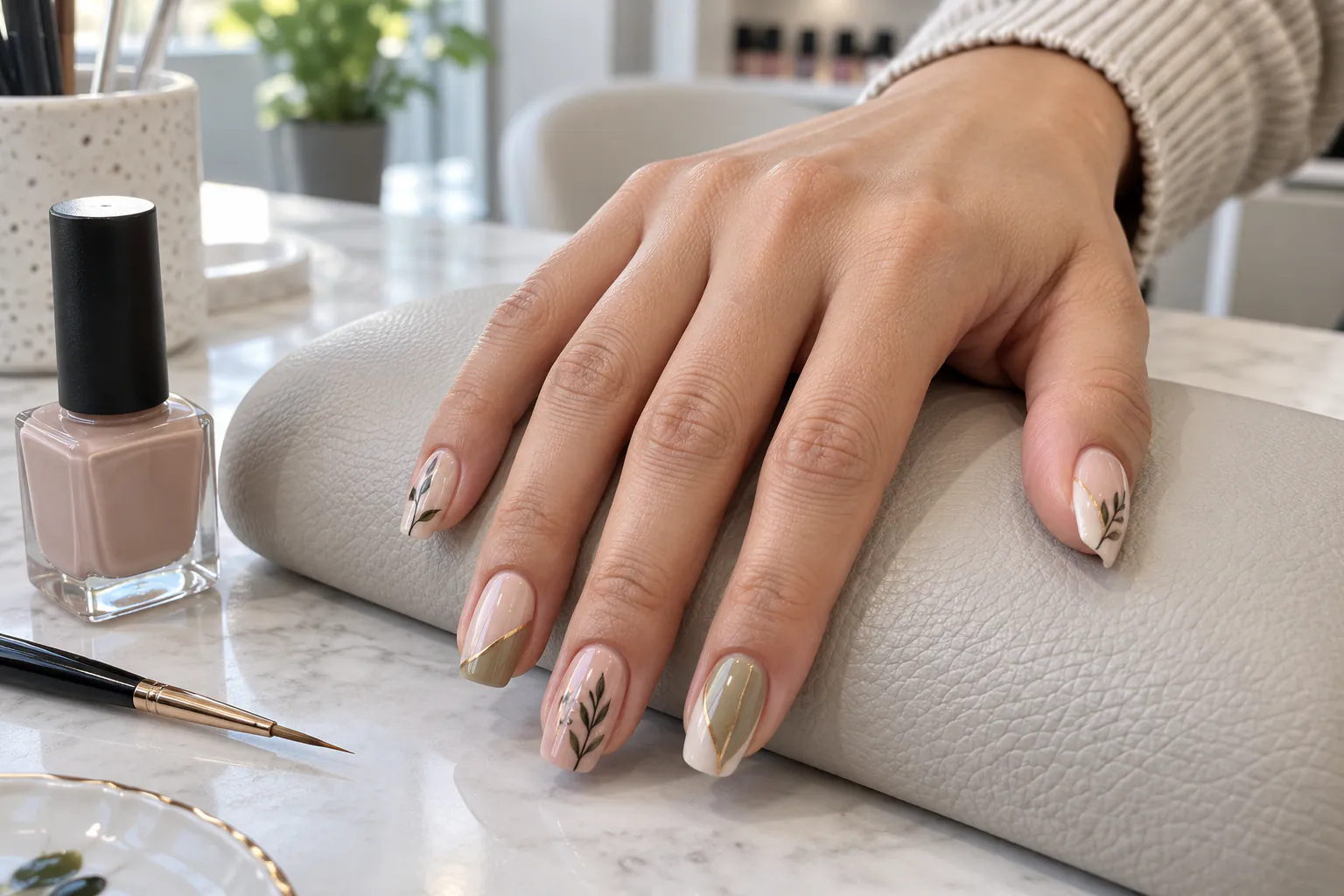 Five salon nails with detailed neutral botanical nail art on a manicure cushion