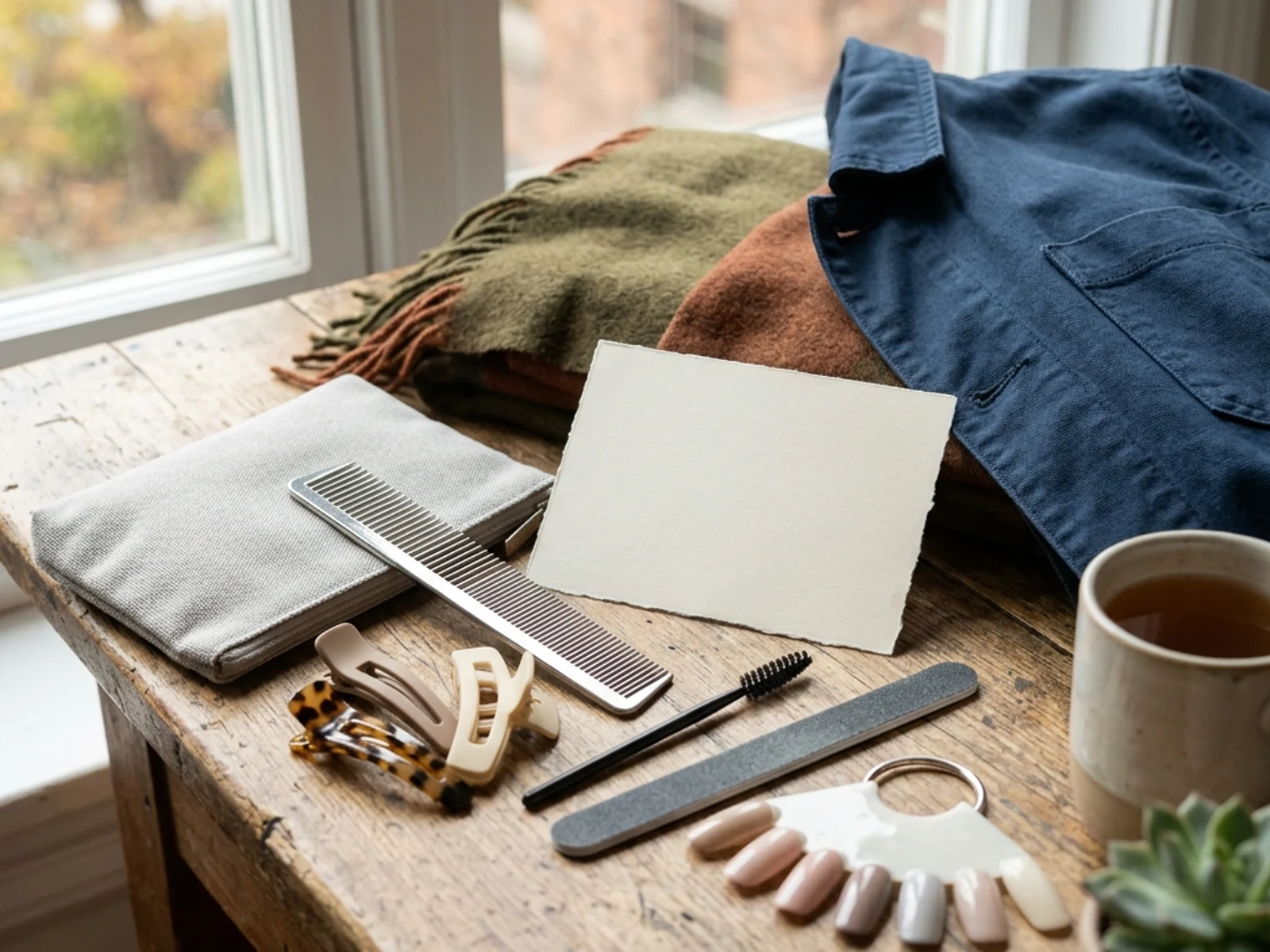 Nail, brow and hair tools arranged beside a blank appointment card for New Brunswick travel