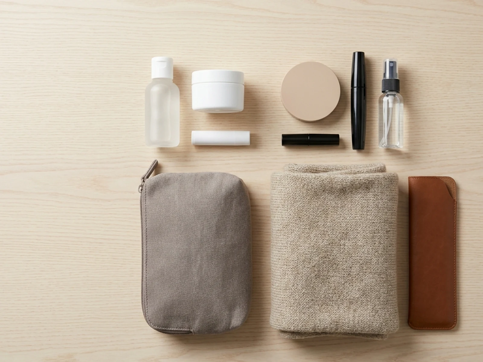 Plain skin, lip and makeup products arranged in a compact New Brunswick travel kit