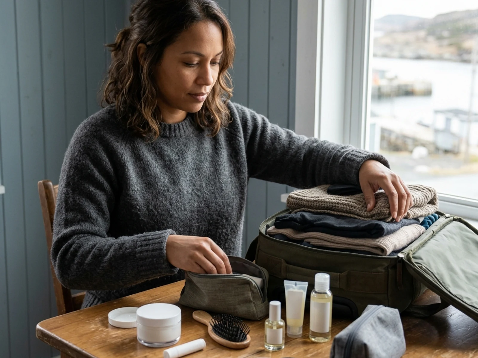 Traveller dividing beauty essentials between two bags for a Newfoundland and Labrador trip