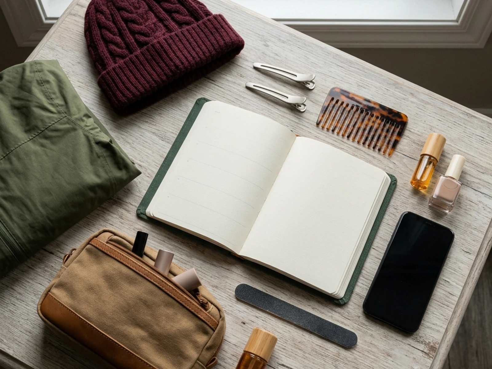 Blank planner with hair and nail tools arranged for salon timing