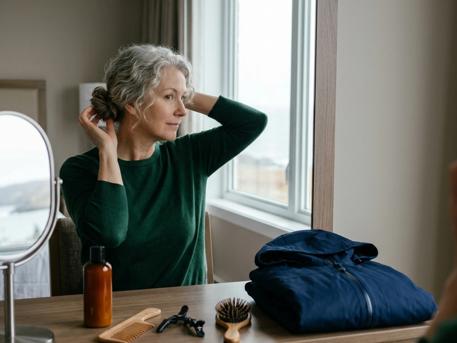 Traveller securing their hair beside unbranded styling products and tools