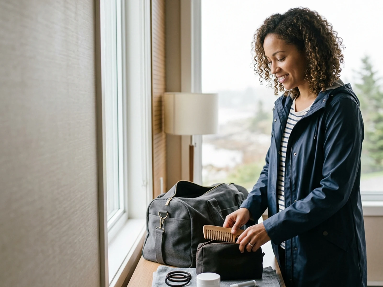 Traveller preparing hair and makeup essentials for a Nova Scotia visit