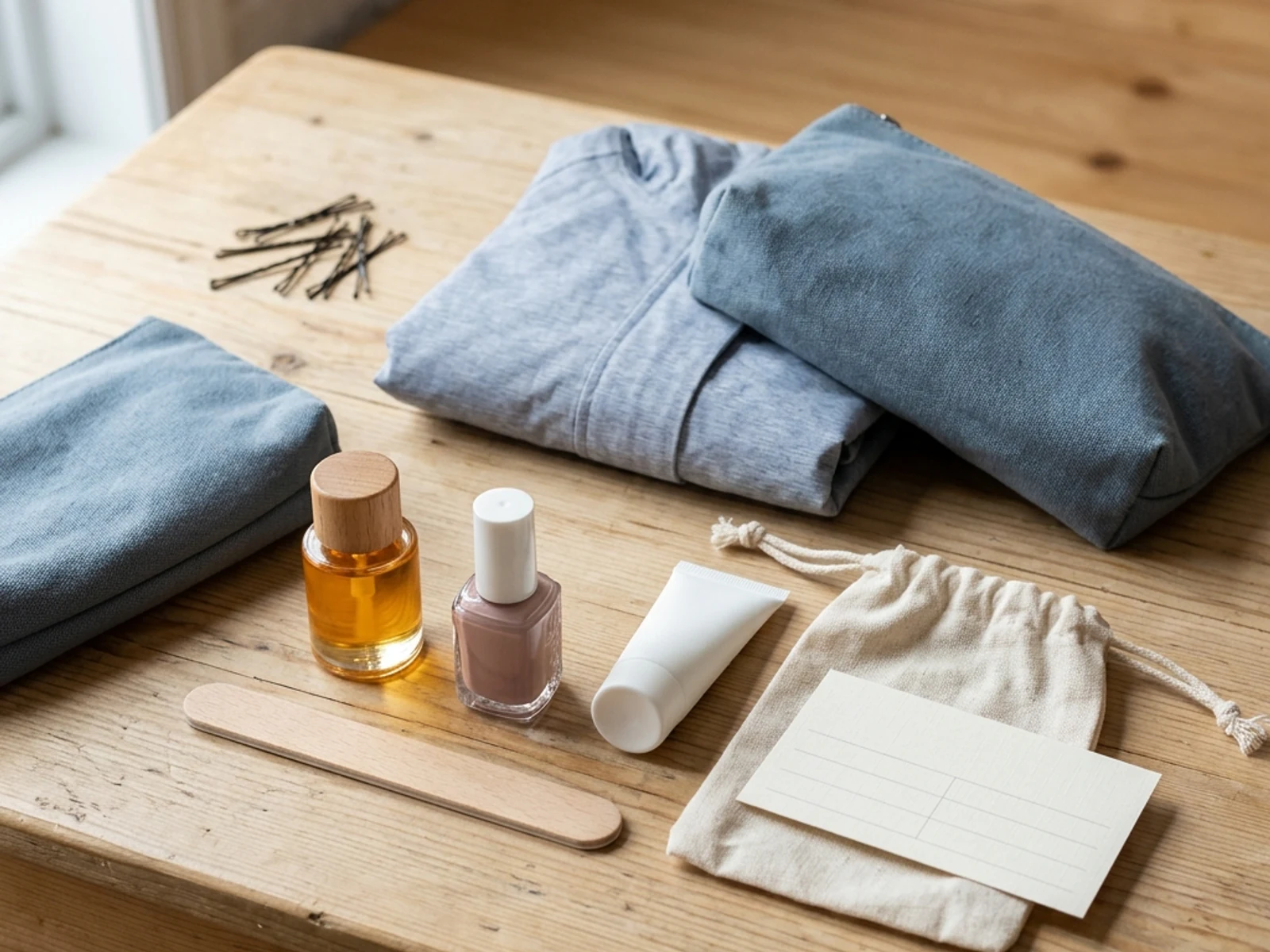Nail-care tools and plain beauty products arranged for a Nova Scotia trip