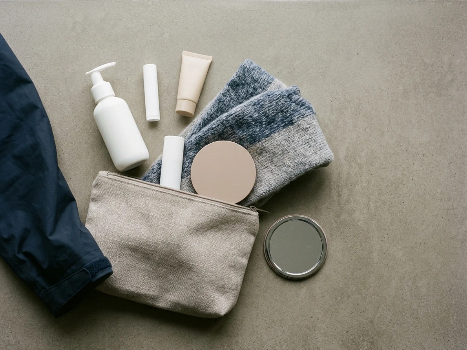 Skin, lip and makeup essentials arranged beside a travel pouch for Nova Scotia