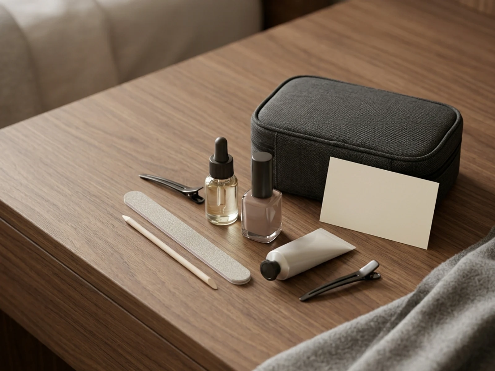 Nail-care tools and a blank appointment card arranged beside a travel pouch