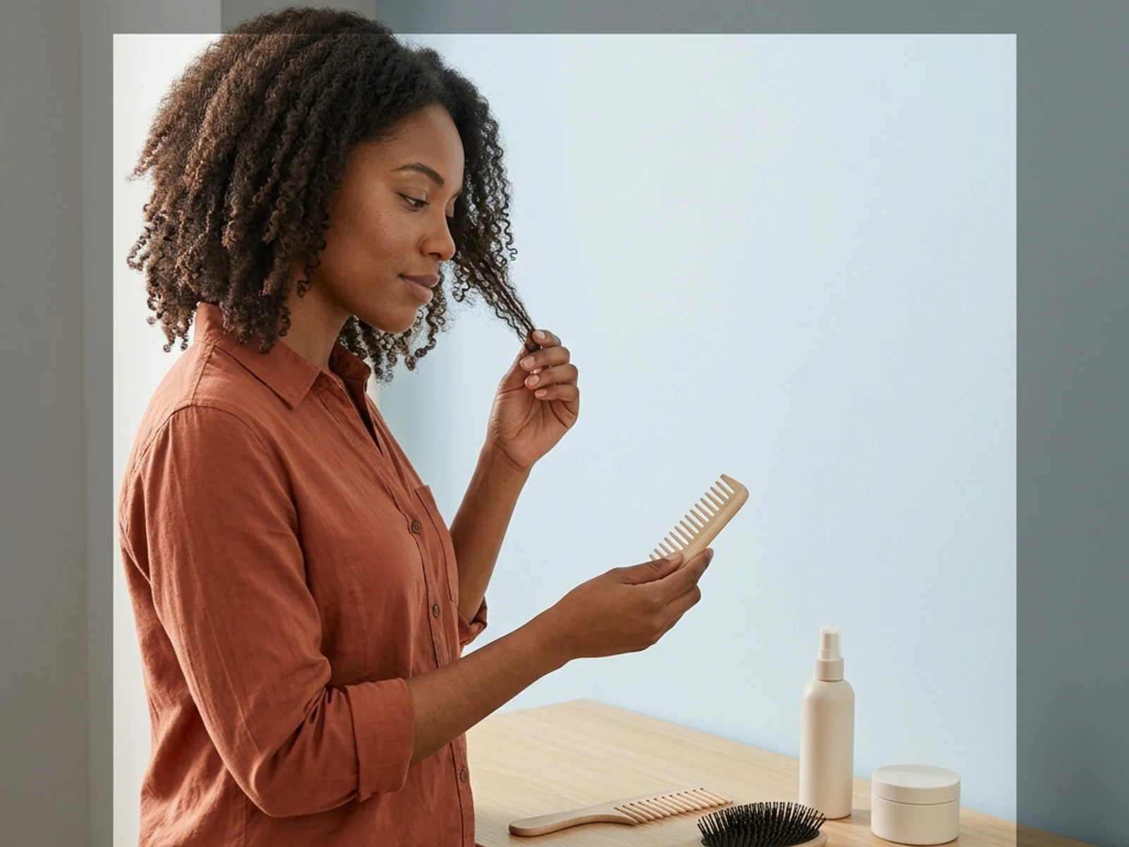 Traveller comparing unbranded hair tools and products before packing