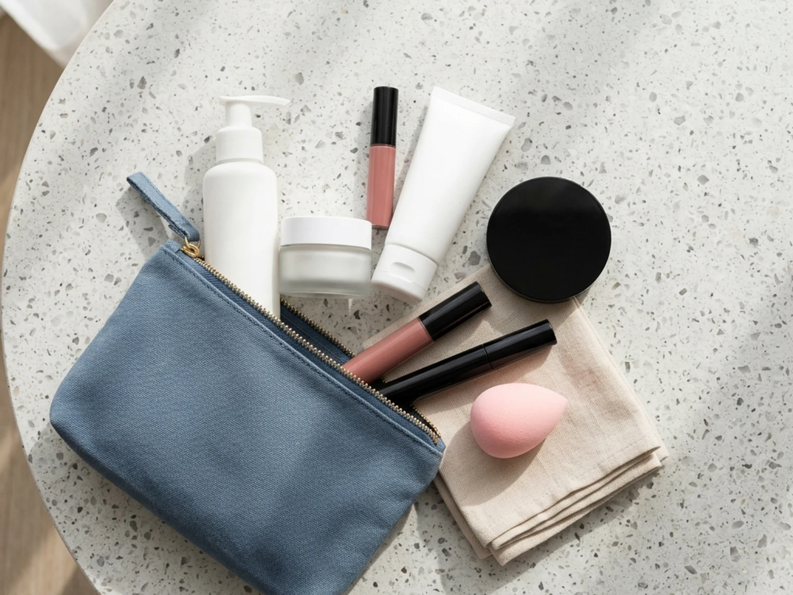 Unbranded skin, lip and makeup essentials arranged for travel