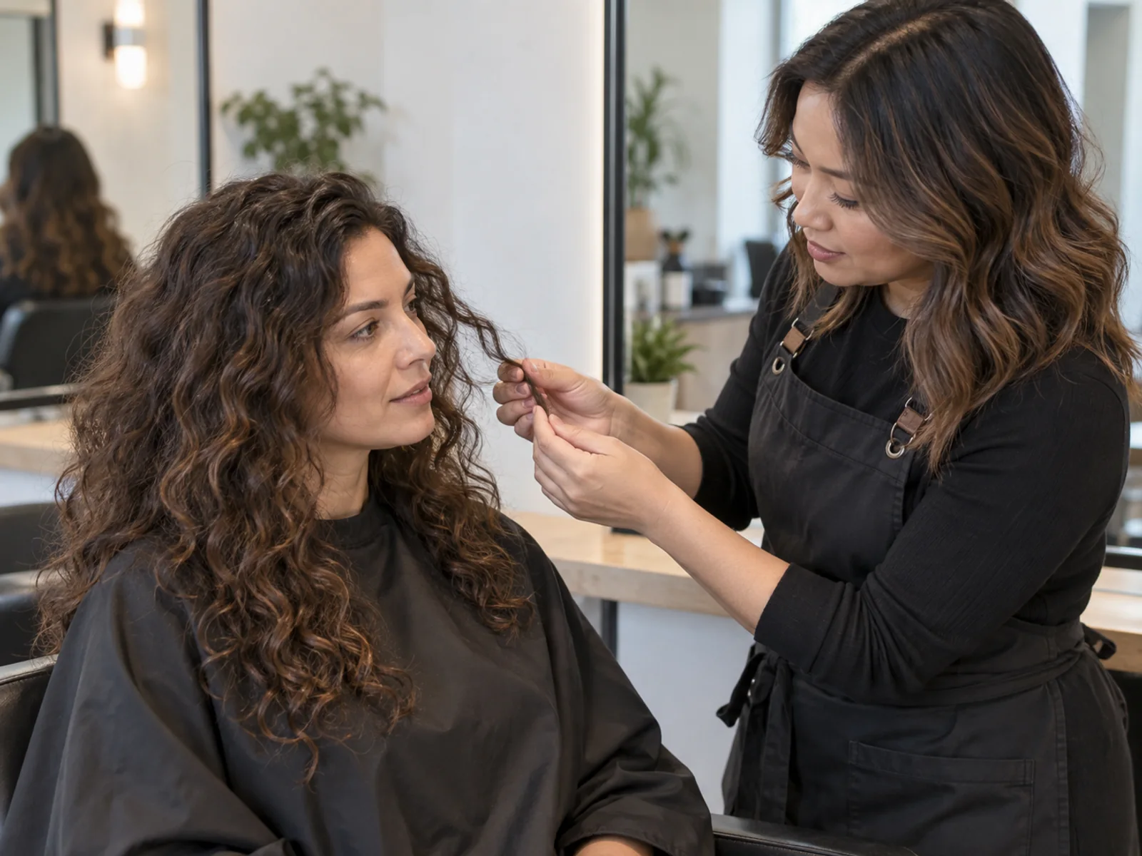 Styliste professionnel examinant l'état des cheveux permanentés lors d'une consultation.
