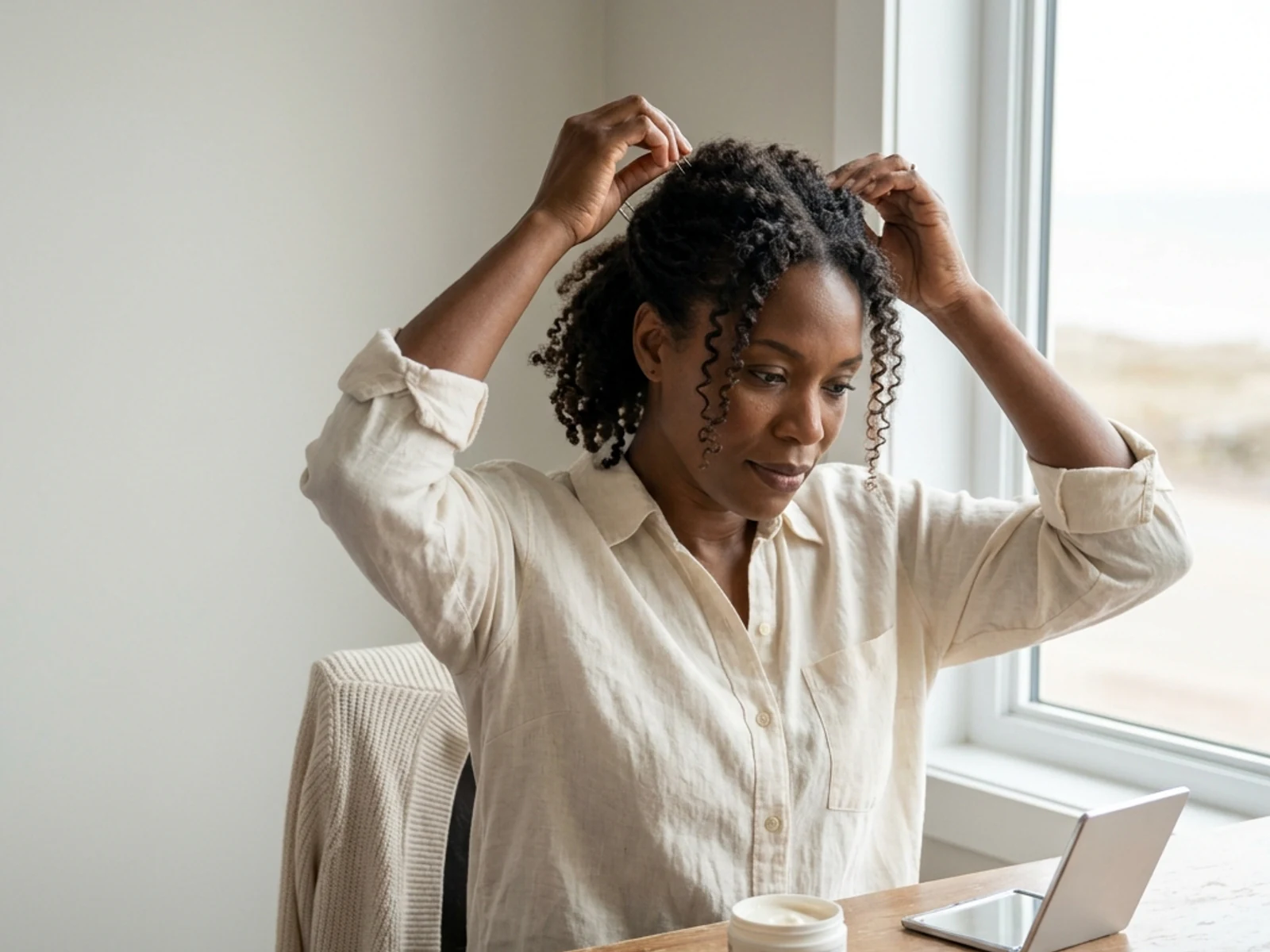 Traveller checking a simple hairstyle beside unbranded beauty products