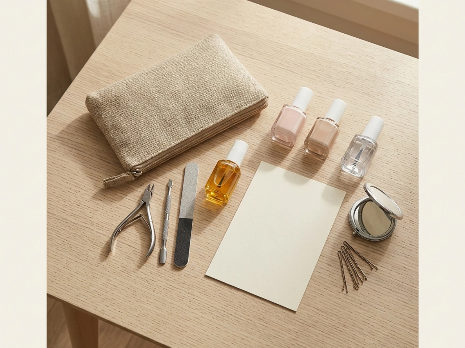 Manicure tools and hair pins arranged beside a blank event card