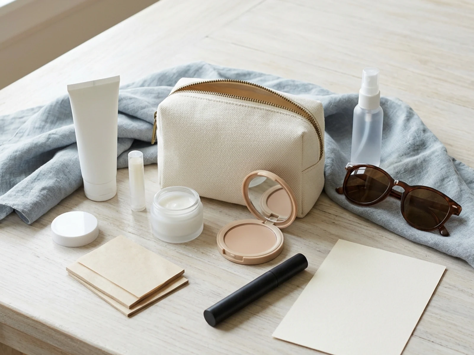 Minimal unbranded skin and makeup products arranged in a travel pouch