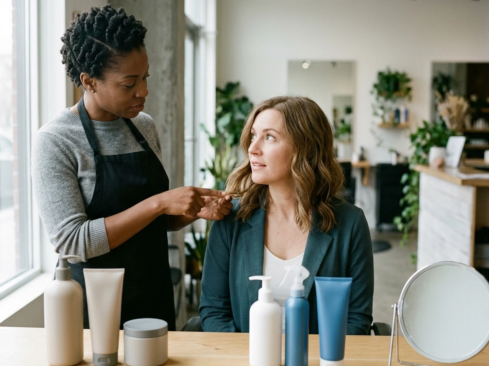 Stylist comparing professional and everyday haircare products