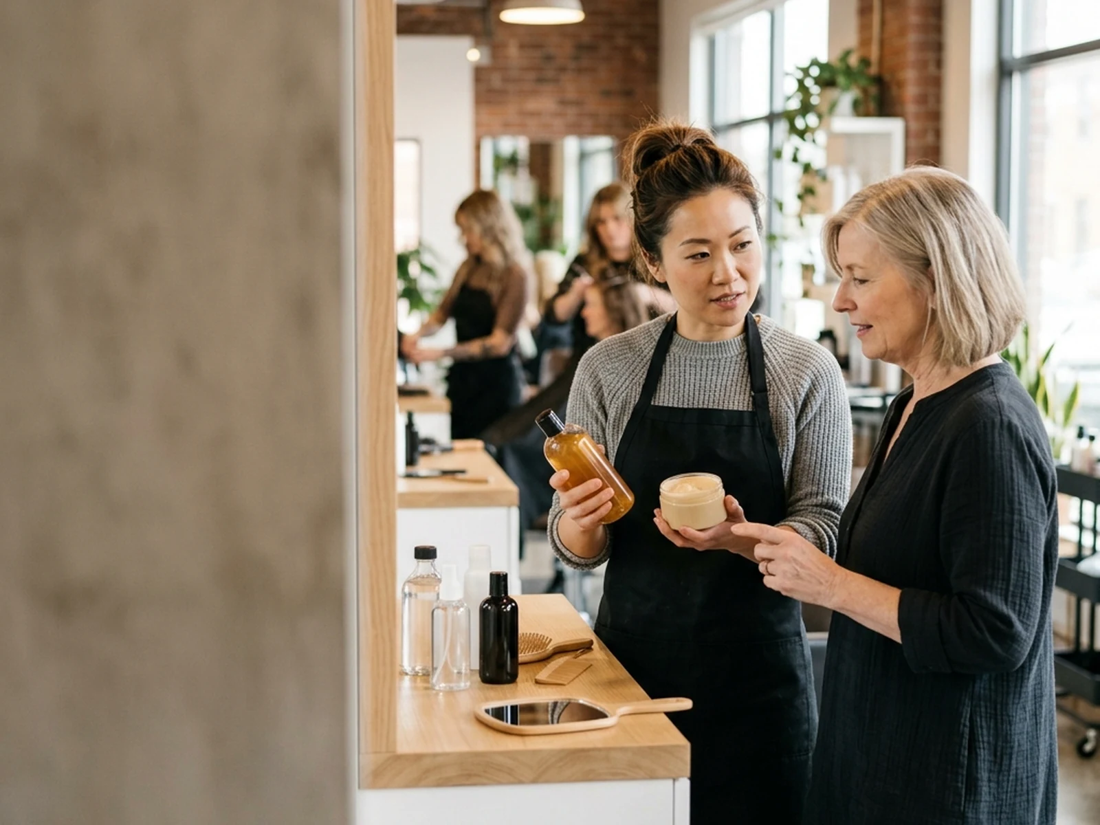 Stylist comparing unbranded professional hair-care products